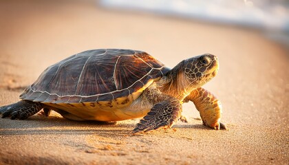 Fototapeta premium A turtle strolling along a sunlit sandy beach, its shell glistening under the warm rays