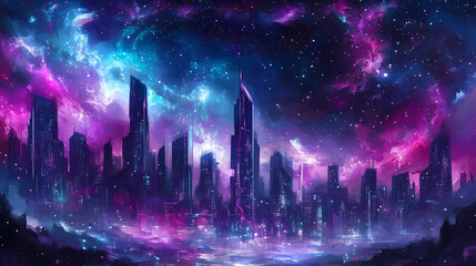 Futuristic Cityscape with Cosmic Sky Background
 