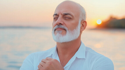 Serene Elderly Man Meditating at Sunset
