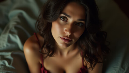 Fototapeta premium A Elegant portrait of a young woman with striking features looking thoughtfully into the lens