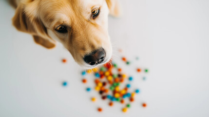 Curious Dog Near Colorful Candy Pieces
