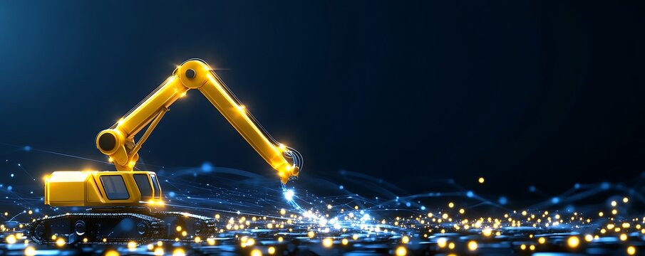 Futuristic Yellow Robotic Arm on a Networked Surface