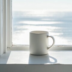 Obraz premium Coastal view mug on windowsill