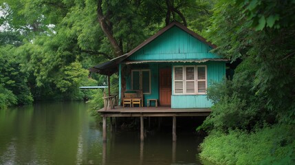 Fototapeta premium Quaint House on Stilts Over Calm Water Surrounded by Lush Greenery and Plants. Picturesque Waterfron