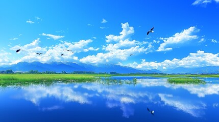 Birds Flying Over a Calm Lake with Mountain Reflection