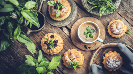 Coffee and Pastries with Herbs Display
