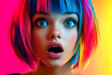 Obraz premium Short trim - multicolored hair. Commercial ad campaign visual idea pattern. Stunning very astonished black girl - for ads, flyer and social apps use. Creative model ads. Fashion hair campaign.