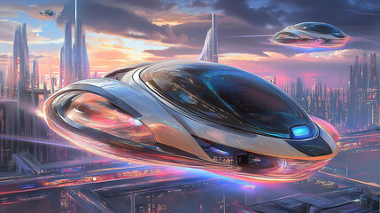 Futuristic Hover Car in Urban Skyline Background
