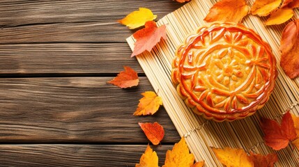 Beautiful Golden Mooncake Surrounded by Colorful Autumn Leaves on Wooden Table for Festive Celebration