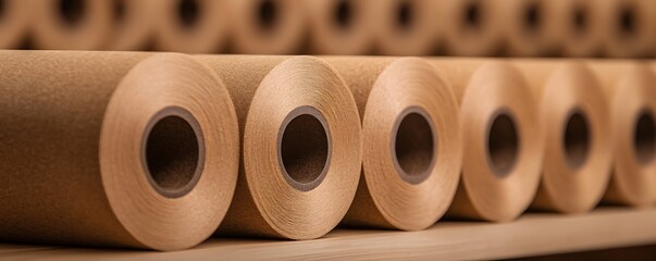 Rolls of paper or fabric are neatly arranged on shelves