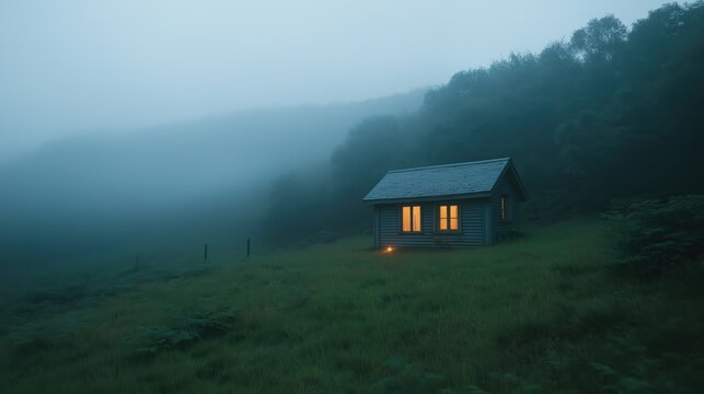 Mysterious Small House In Foggy Forest At Dusk  Description Of Image A small house with illuminated