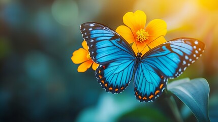 Naklejka premium Blue Butterfly on Orange Flower in Lush Garden