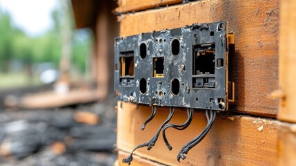 Burnt electrical panel on a wooden wall, after a fire, with damaged wires hanging.