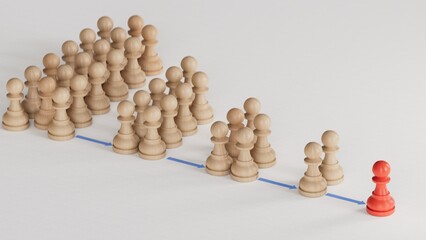 Inbound Marketing Principles with pawns signs and arrows. Stages from stranger to promoter. Made and rendered in C4D, not AI.