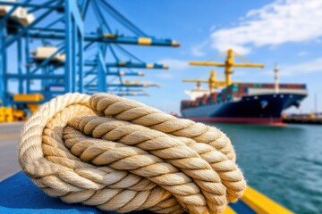 Obraz premium Thick mooring rope coiled on a ship, with a container ship and cranes, in the background, under blue sky.