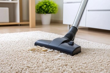 Vacuum cleaner removes paper pieces from carpet, close-up view of cleaning process in a room.