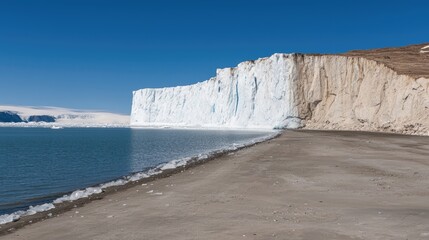 Arctic glacier face overlooking icy beach
