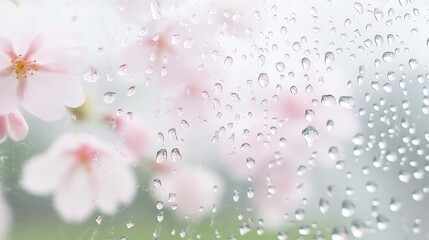 Serene Spring View Through a Glass Window with Water Droplets and Soft Pink Cherry Blossoms in Full Bloom