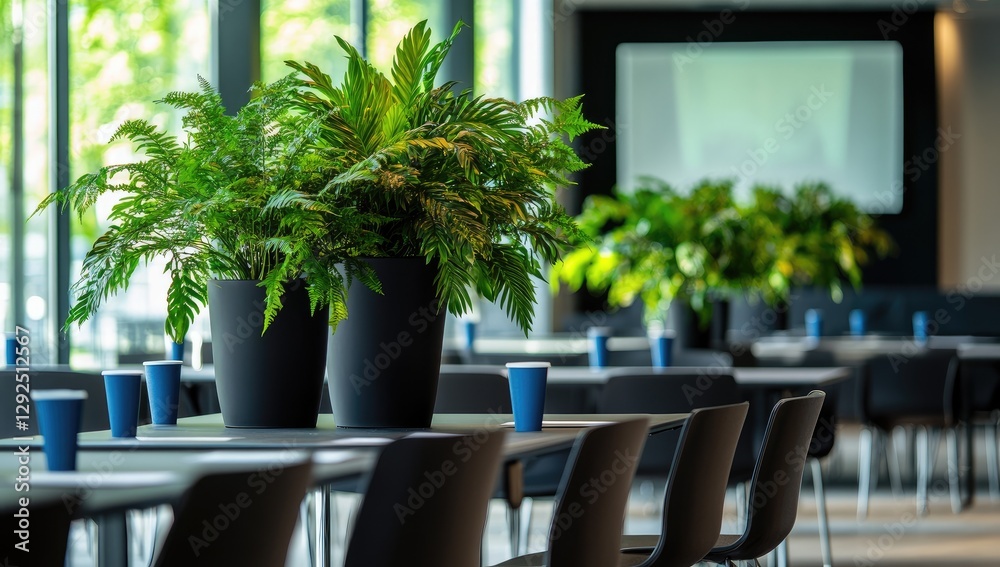 Poster modern meeting room with plants and empty tables