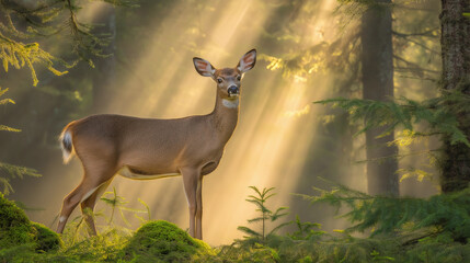 Deer Illuminated in Sunlit Forest
