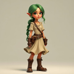 Fototapeta premium A charming young girl with green braided hair, wearing a tan dress, boots, and a satchel, embodying a cute cartoon adventure style perfect for fantasy or creative projects