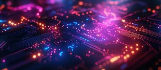 Fototapeta premium Futuristic Neon Circuit Board with Glowing Lights and Digital Patterns in a High-Tech Abstract Background