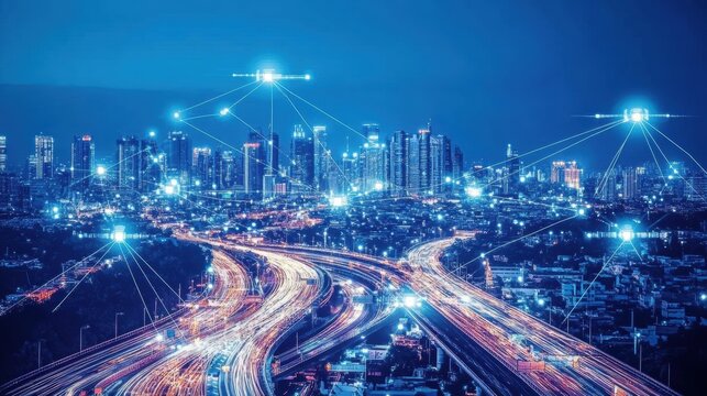 Urban broadband expansion city skyline technology event night view connectivity concept