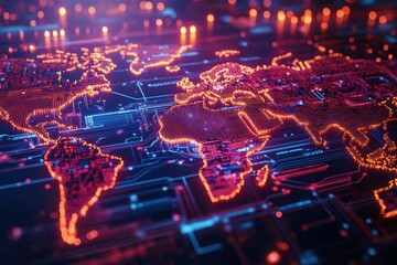 Futuristic Digital World Map with Glowing Connections and Circuit Board Background