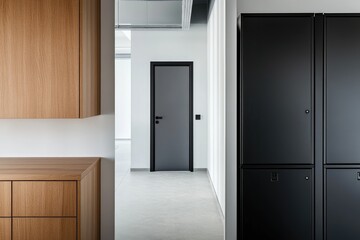 Modern Office Corridor with Wooden Cabinets