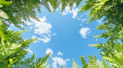 Bright Blue Sky Viewed Through Lush Green Ferns