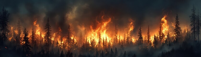 Fototapeta premium Dramatic Forest Fire with Intense Flames and Smoke in Dense Woodland at Dusk