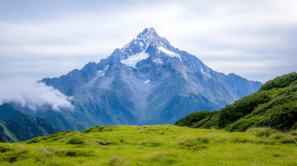 Fototapeta premium Majestic snow-capped mountain peak, scenic valley, clouds, green pasture. Ideal for travel brochures