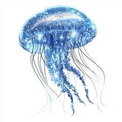 Ethereal Blue Jellyfish Glowing in Ocean Depths with Sparkling Effect and Graceful Tentacles in Artistic Illustration