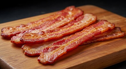 Obraz premium Crispy Cooked Bacon Slices on Wooden Board