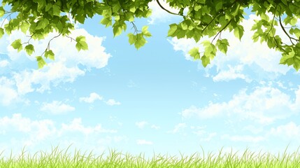 Fototapeta premium Bright Blue Sky with Fluffy White Clouds and Green Grass