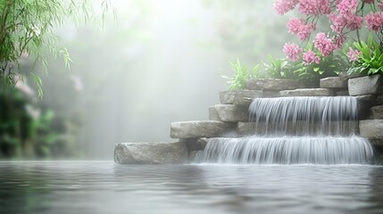 Serene Waterfall Cascading Over Rocks in Misty Garden
