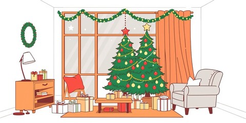 Cozy Living Room Decorated for Christmas Featuring Tree Warm Lights and a Comfortable Chair Setting