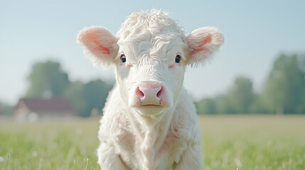 Obraz premium Cute white calf in green pasture, rural farm background, idyllic scene, livestock