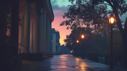 Fototapeta premium A walkway at dawn, reflecting colors of the sunrise, leading to a colonnaded building.