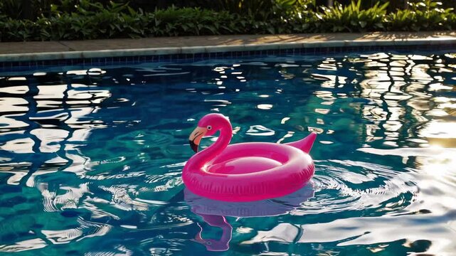 Pink flamingo pool float in clear blue swimming pool with lush green background, summer leisure concept