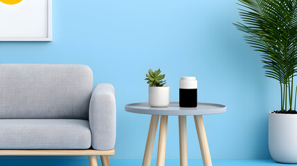 Minimalist Living Room Decor with Blue Walls and Geometric Sofa