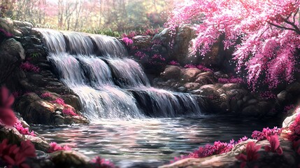 Serene Waterfall in a Pink Blossom Forest