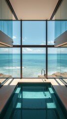 Fototapeta premium Luxurious Outdoor Swimming Pool Overlooking Breathtaking Ocean View Surrounded by Tropical Paradise