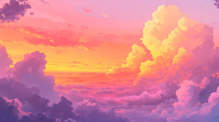 Sunset anime cloud vector cartoon scene background. Summer cloudy weather air design. Beautiful pink, orange and purple evening panorama wallpaper. Fluffy romantic horizon graphic illustration