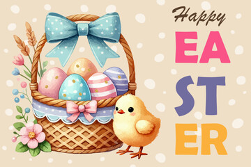 Charming watercolor Easter design featuring a basket with colorful eggs, spring flowers and a cute chick. Perfect for holiday cards, posters and festive decorations.