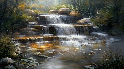 Serene Waterfall in a Sunlit Forest