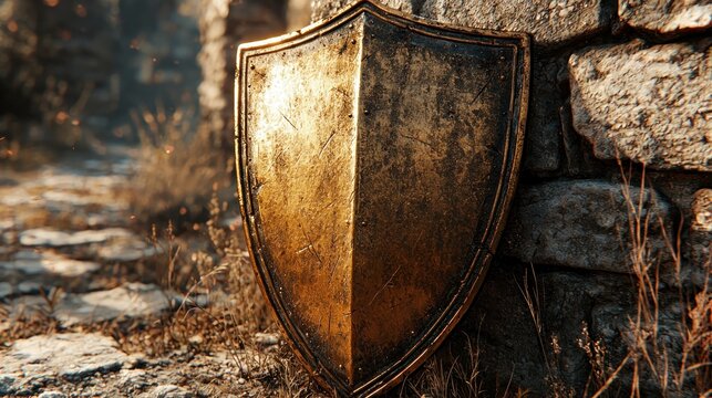 Ancient shield leaning against stone wall, battlefield