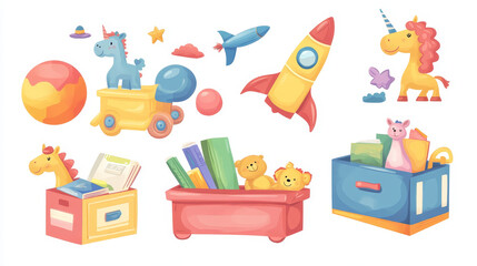 Toy boxes set isolated on white background. Vector cartoon illustration of plastic container with ball, rocket, teddy bear, horse, unicorn, doll, dinosaur, book, early education, kids room items