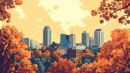 Autumnal city skyline framed by fall foliage. Colorful pixel art cityscape view.