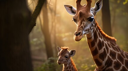 Obraz premium mother giraffe with baby giraffe at green lush forest nature landscape 